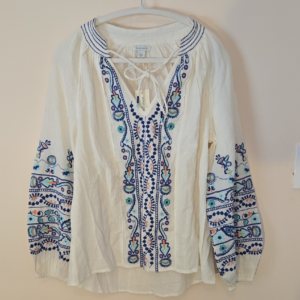 Sundance Wms. SZ SM Cotton Gauze Blouse With Blue Embroidery NWT